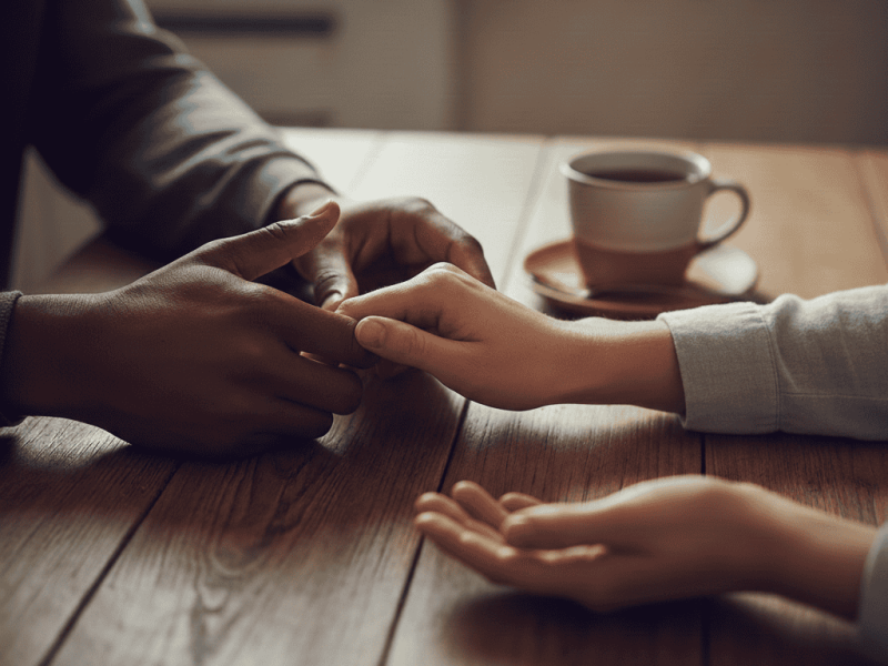 Persona sosteniendo la mano de otra en un ambiente cálido y acogedor, con una taza de café en el fon.