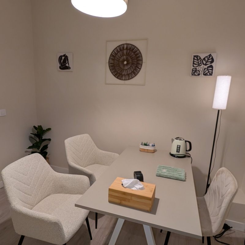 Sala de coworking con luz natural, tranquila y acogedora en Lekua, perspectiva que muestra mesa de trabajo, sillas y la decoración.